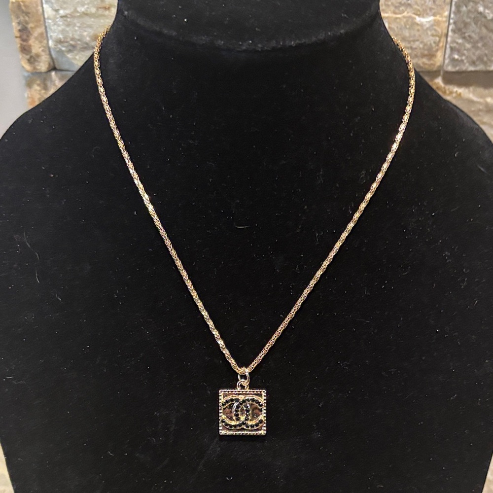 Gold Plated Necklace with Designer with Interlocking CC black stone Pendant